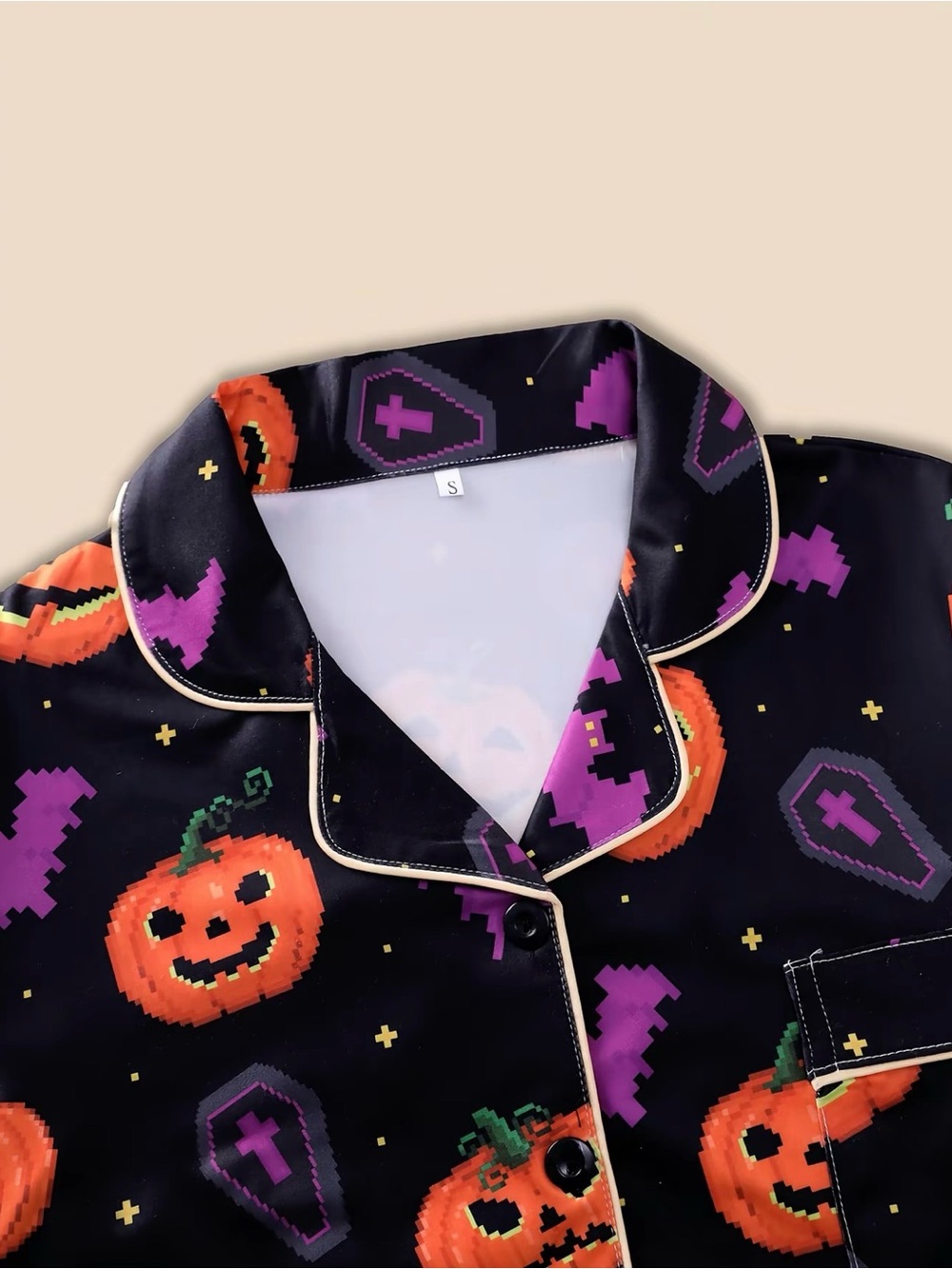 Halloween Pumpkin Print Adult Sizes Pajama Set - Black & Orange - Picture 5 of 8
